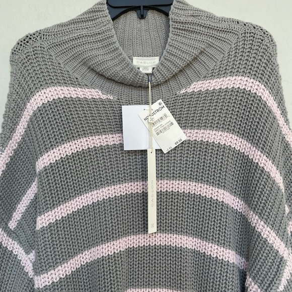 New Caslon Shaker Mock Neck Sweater In Grey- Pink Stripe - Picture 4 of 8